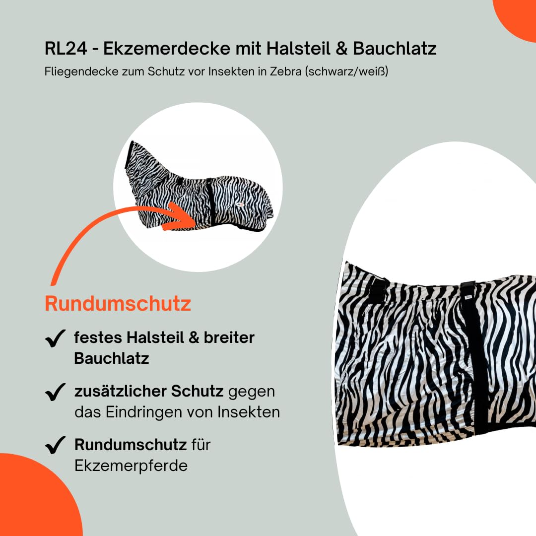 RL24 Ekzemerdecke mit Halsteil & Bauchlatz – Fliegendecke Insektenschutz – Pferdedecke Schwarz/Weiß 115cm