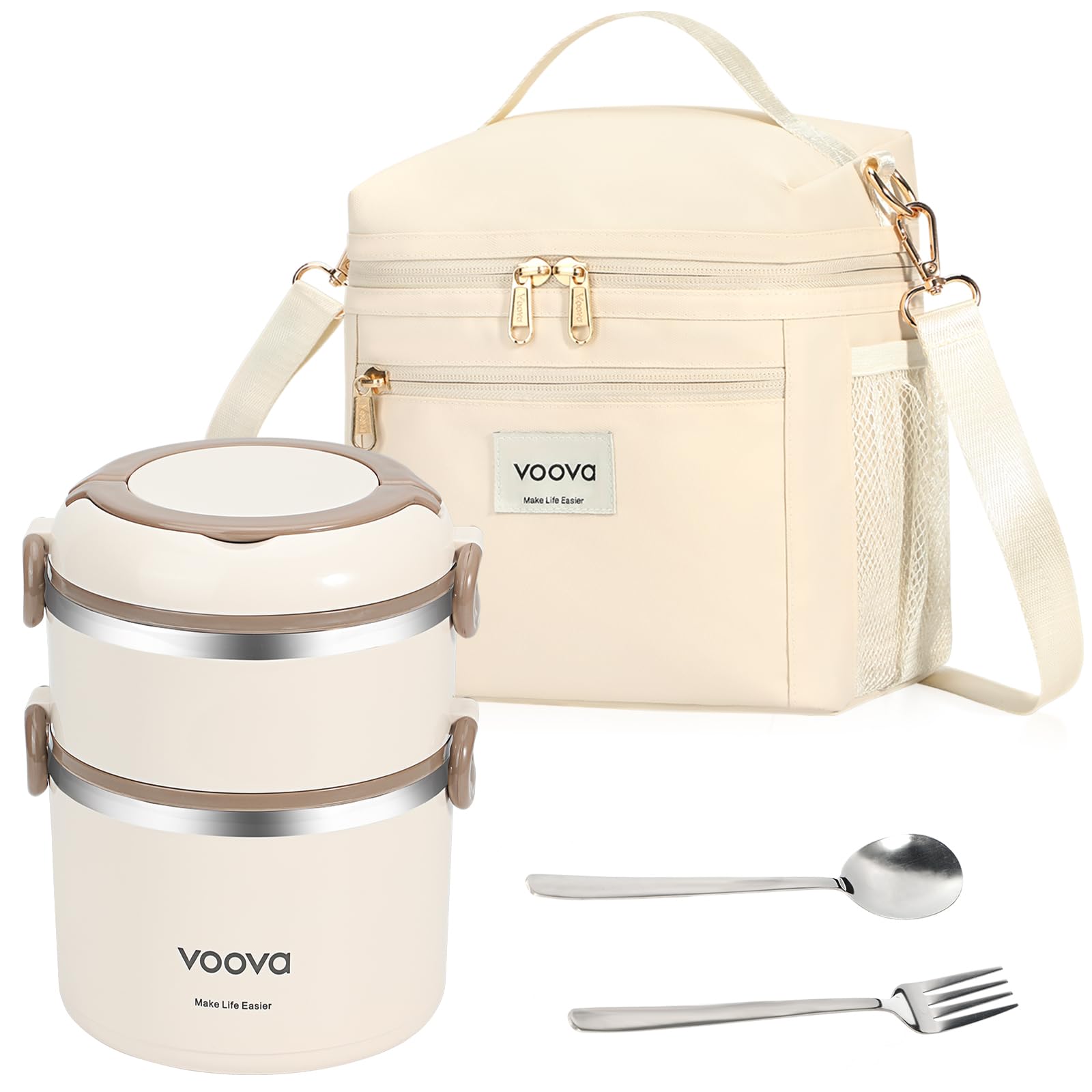 Voova Stackable Stainless Steel Thermal Lunch Box with Lunch Bag and Cultery Set for Adult Women Men, 2 Tier Leakproof & Microwave Safe Insulated Bento Boxes Food Container for Work， Beige