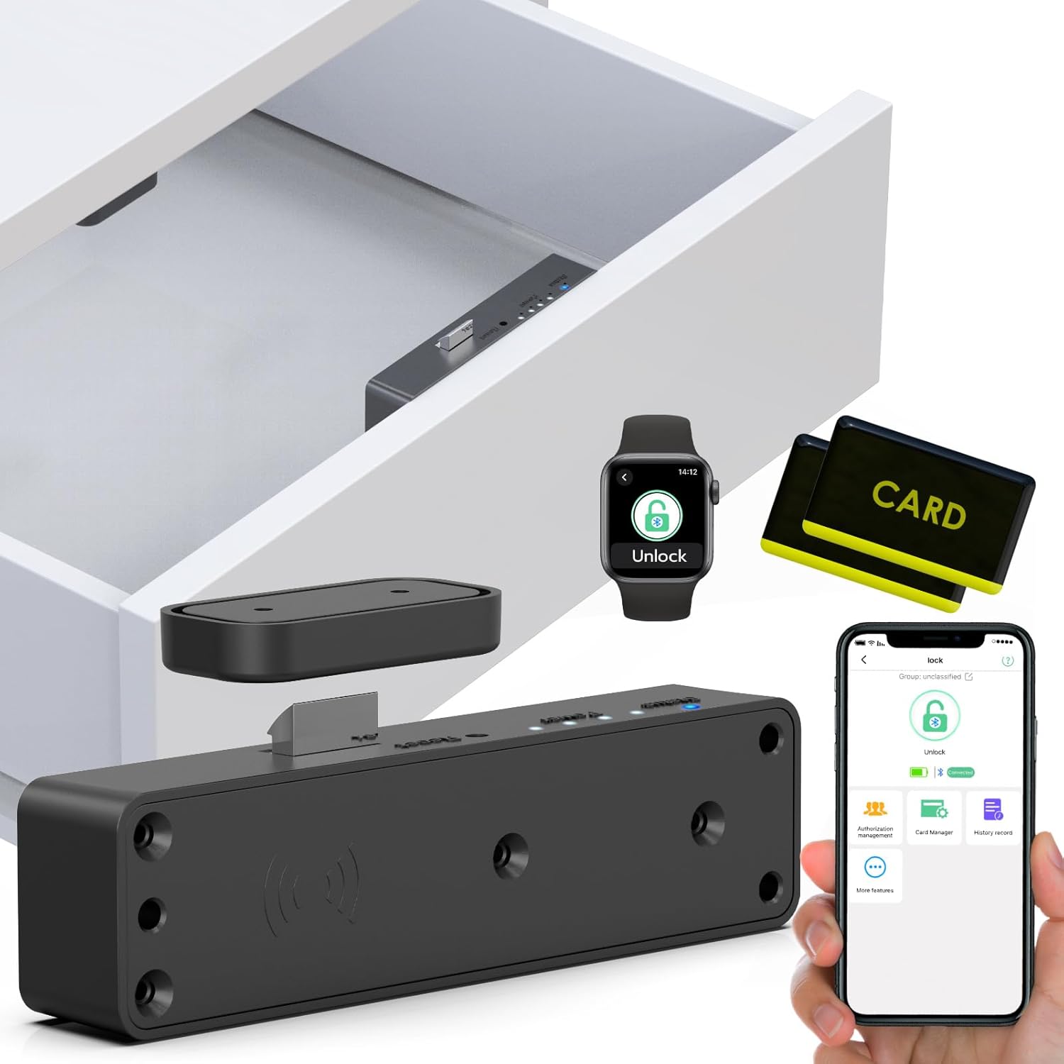 Smart Cabinet Lock,Bluetooth RFID Drawer Locks Baby Proofing,No Drill Hidden Cabinet Lock for Adults Liquor File Kitchen Cupboard Drawer Closet Black