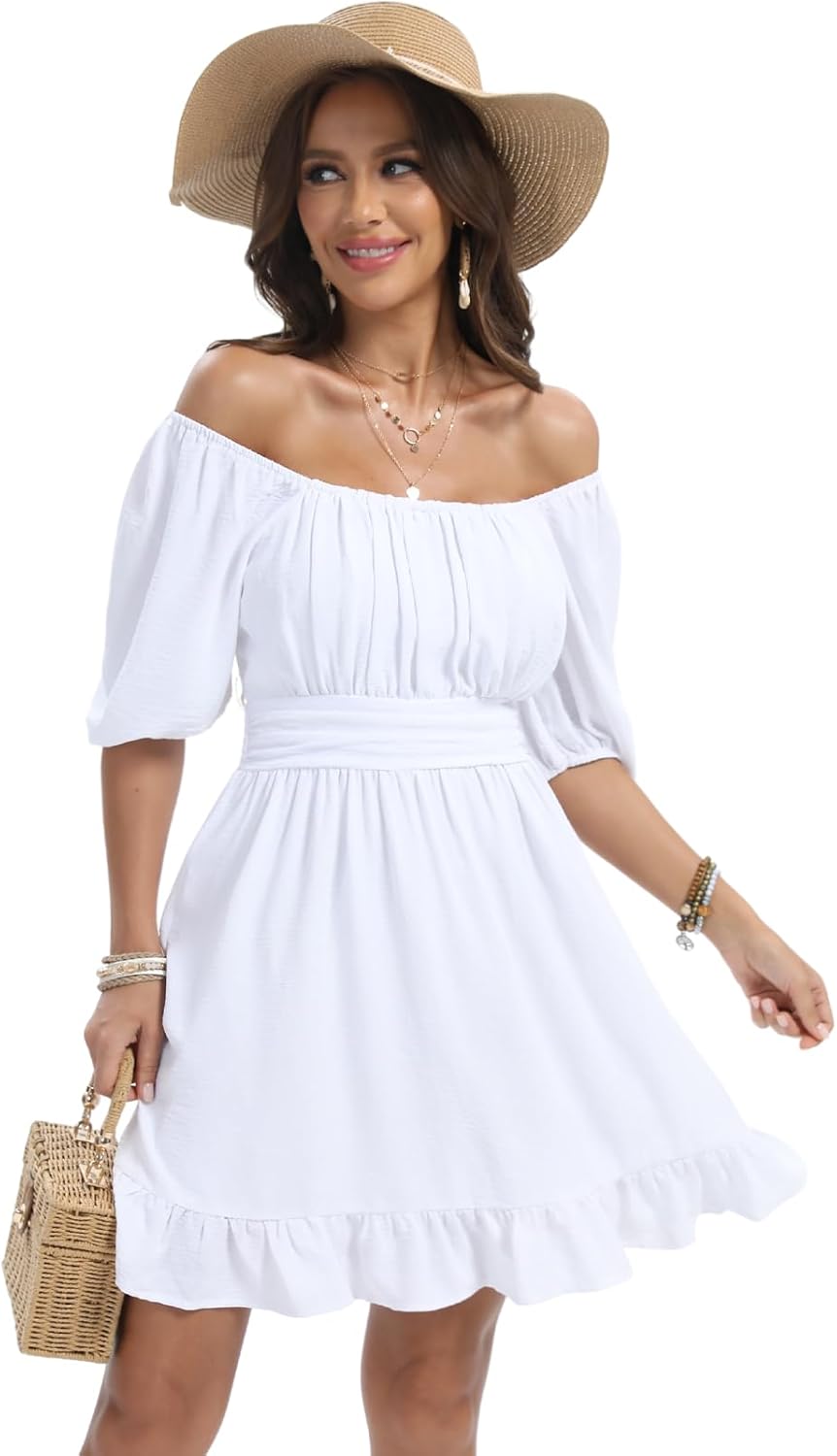 Fuinloth Womens Summer Sun Dresses Tied Back Puff Sleeve Square Neck Casual A-line Dress - Image 4