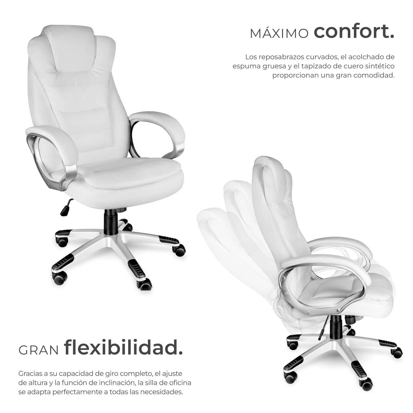 tectake® Silla EJECUTIVA DE DISEÑO, Silla Giratoria Oficina, Sillón Ergonómico con Acolchado, Altura Ajustable, Silla Oficina Ergonomica, Sillas Escritorio - Blanco