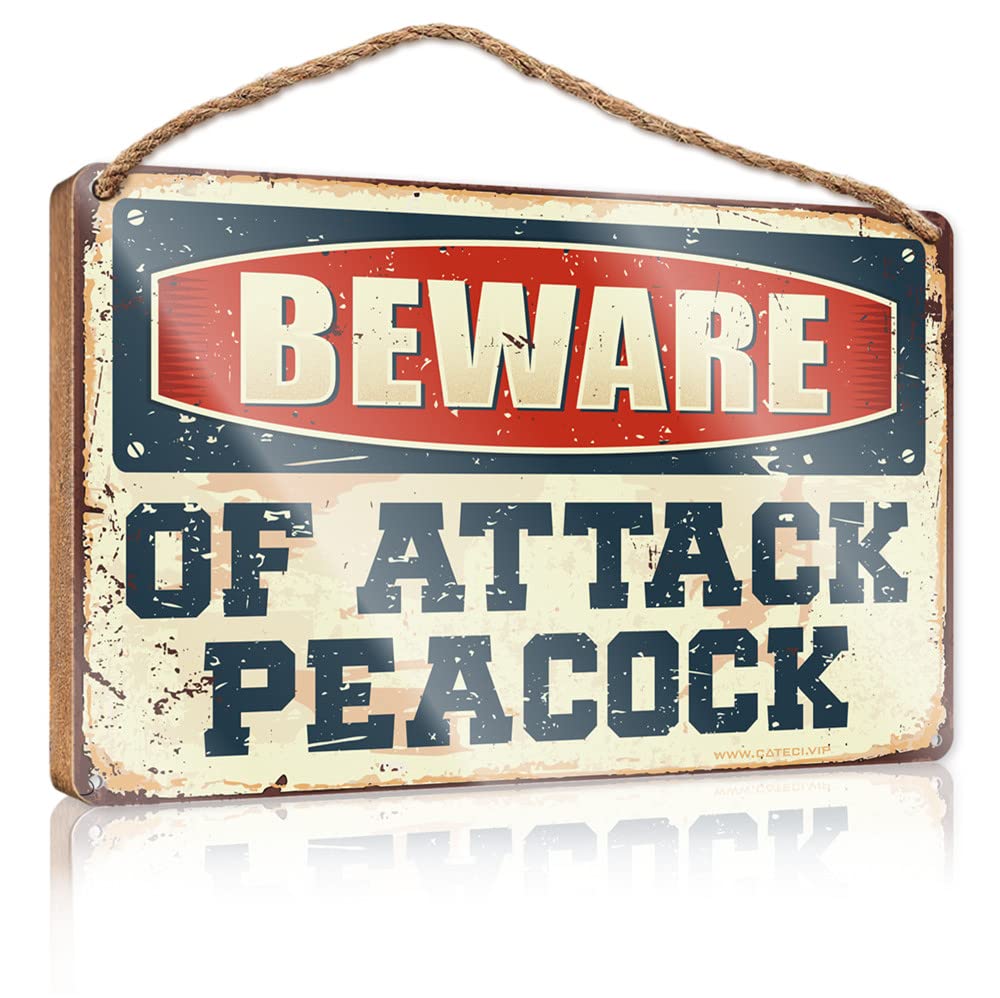 DTHA Signs & Plaques Beware Of Attack Peacock Wooden Sign Home Office Decor Decorative Hanging Sign(15X28CM)