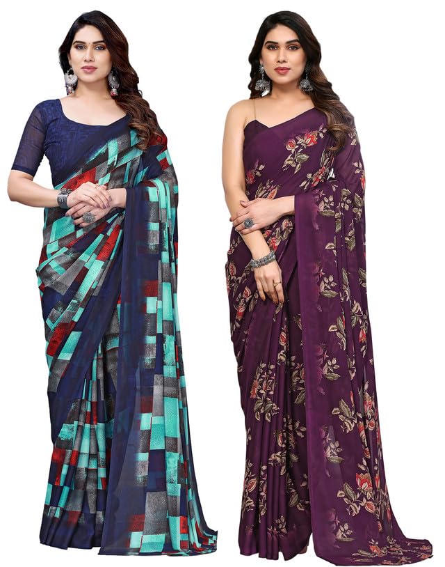 siril Women's Georgette Printed Saree With Unstitched Blouse Piece Combo Pack Of 2-picture-7
