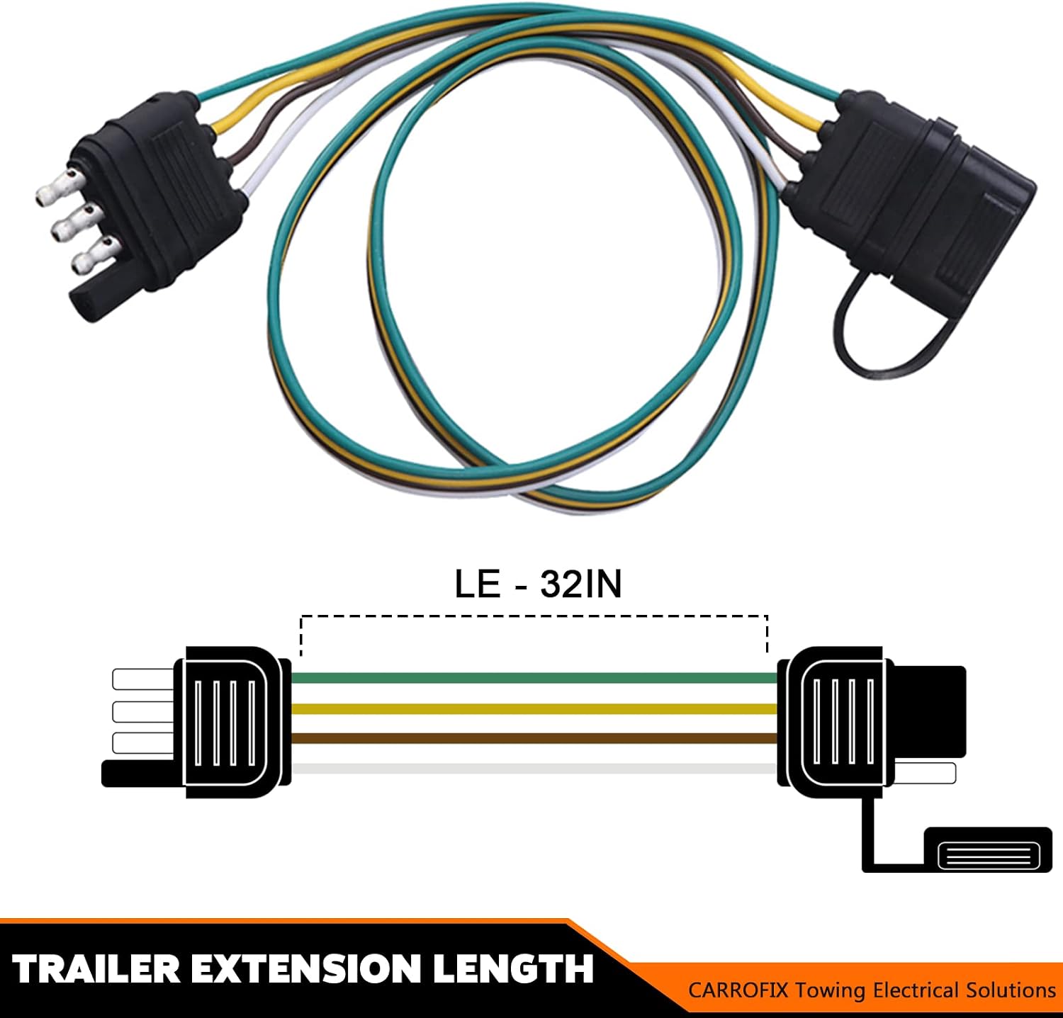 Trailer 4 Wire Plug 32" inch 4 Pin Flat Wire Extension Male & Female Connector