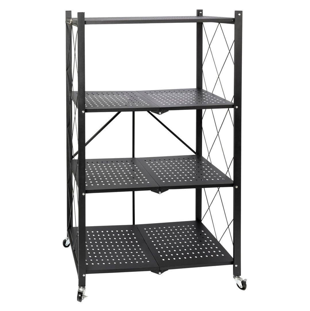 726122 Scaffale Mobile Multiuso Salvaspazio 4 Ripiani Richiudibile Metallo Nero h 124 cm per Cucina Garage Balcone Terrazzo con Ruote Girevoli Portaoggetti