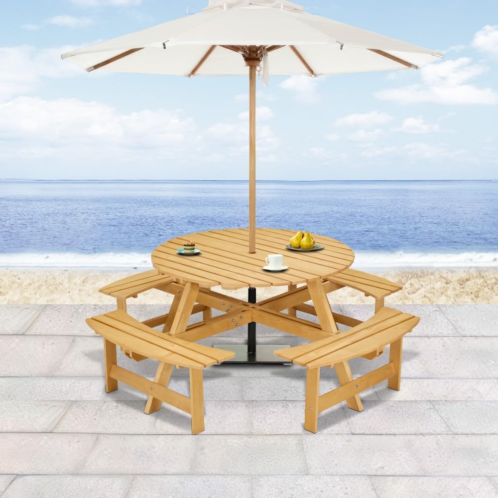 zzhugyin 8-Person Round Outdoor Picnic Table Set with 4 Built-in Benches & Umbrella Hole - Natural Wood Patio Dining Set for Backyard, Garden, Porch, Poolside