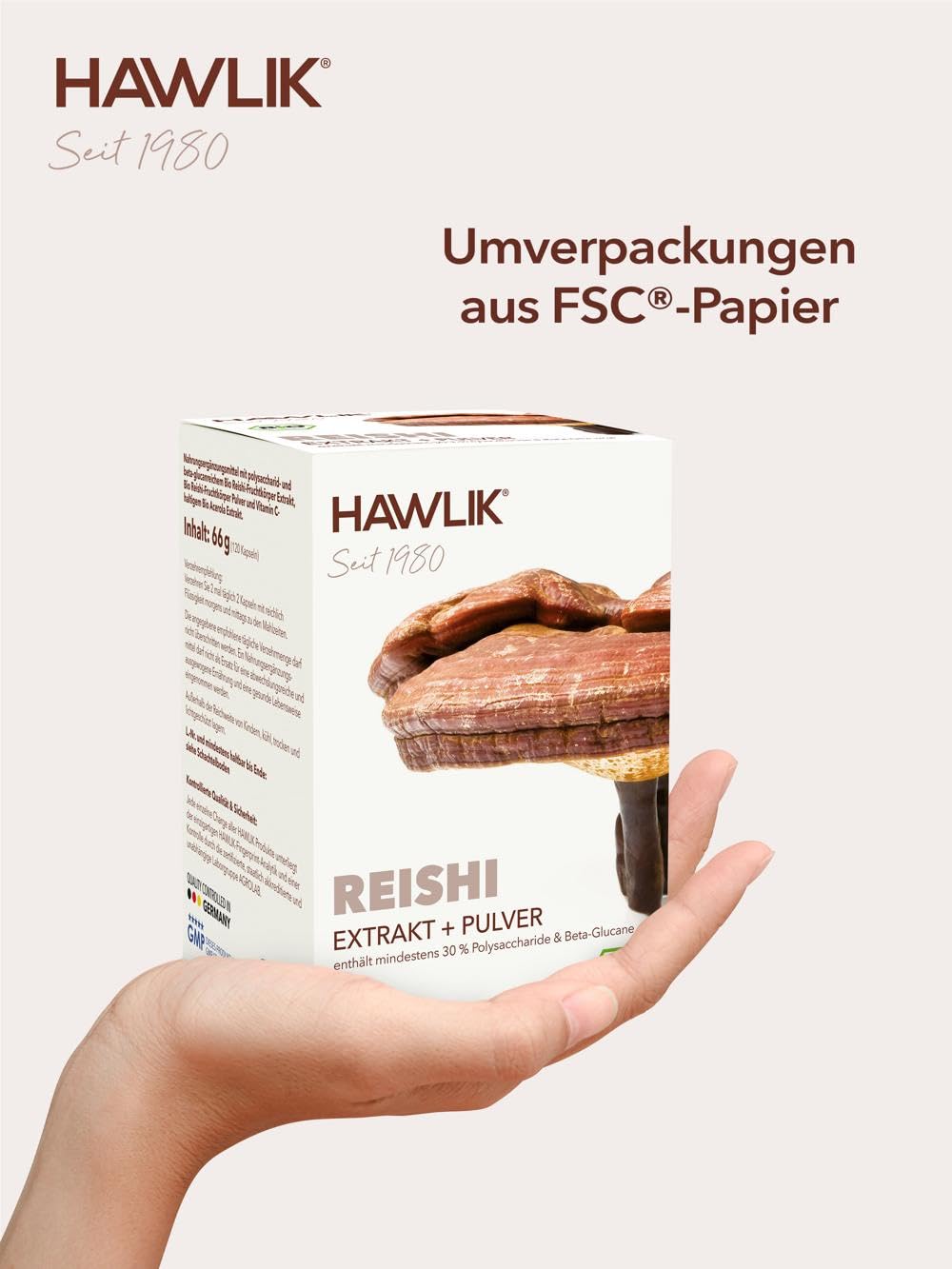 HAWLIK Bio Reishi Extrakt + Pulver Kapseln - 120 Kapseln im Blister - Mit Vitamin C - Kombination aus Extrakt & Pulver - Natürlicher Anbau - Vegan