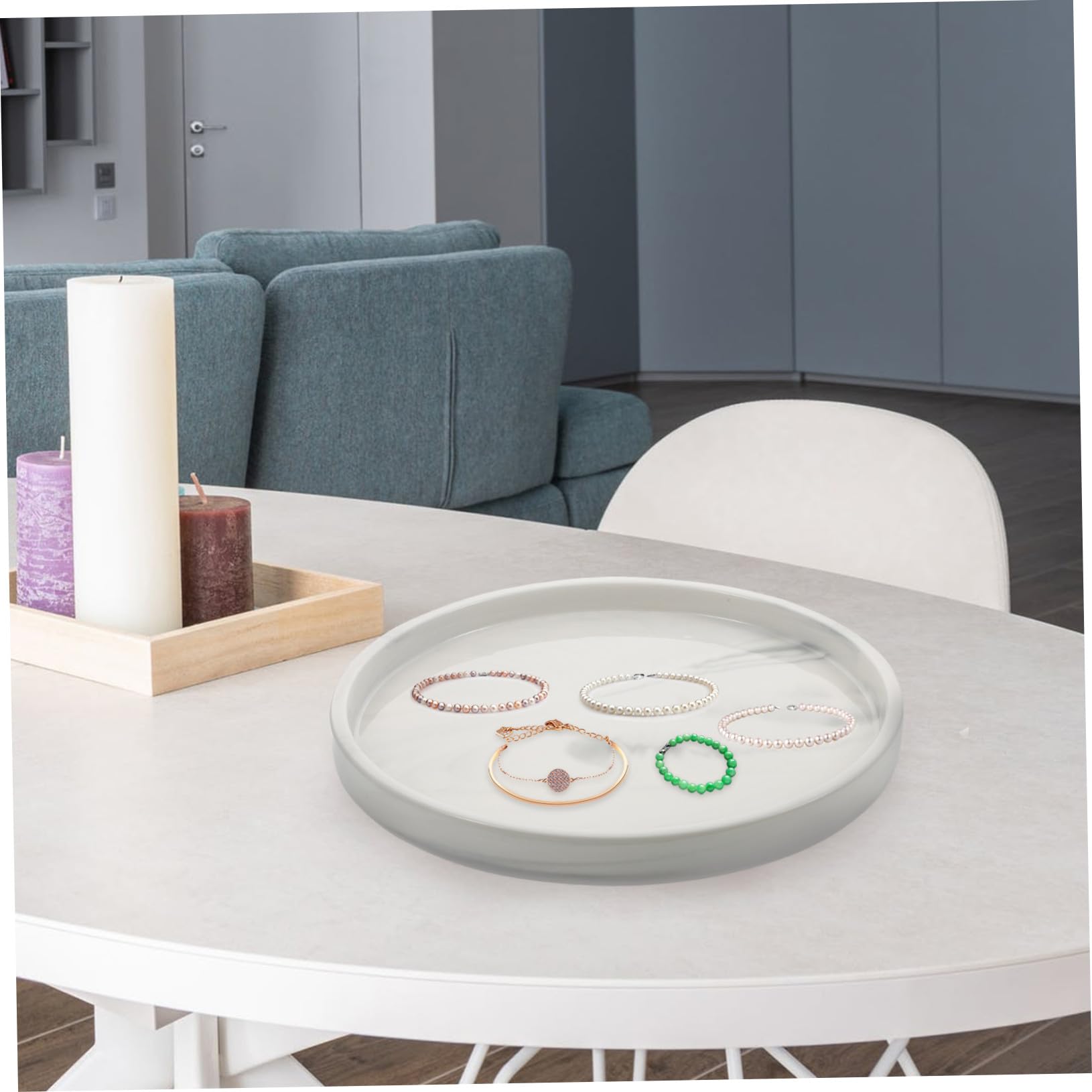 Yardwe Vassoio in Ceramica con Effetto Marmo 25cm Porta Gioielli Piccolo per Bracciali e Collane, Facile da Pulire per Esposizione e Organizzazione Elegante