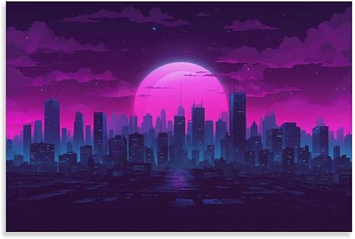 Póster de neón con ondas de vaporwave y paisaje urbano de onda sintética y retroonda, arte de pared, pósteres e impresiones estéticas, decoración de