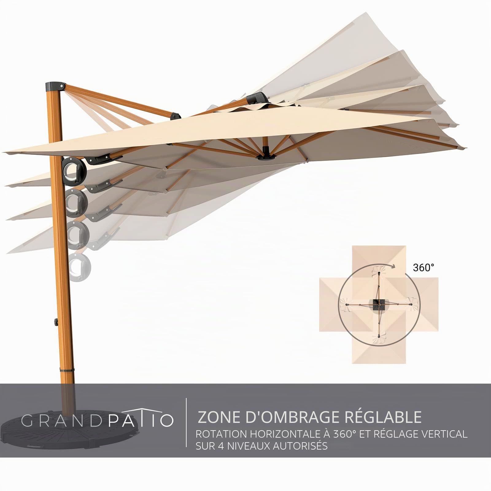 Grand patio Parasol de jardin de 3×3 m, parasol déporté à 8 nervures, parasol de jardin pour l'extérieur (champagne, rond)