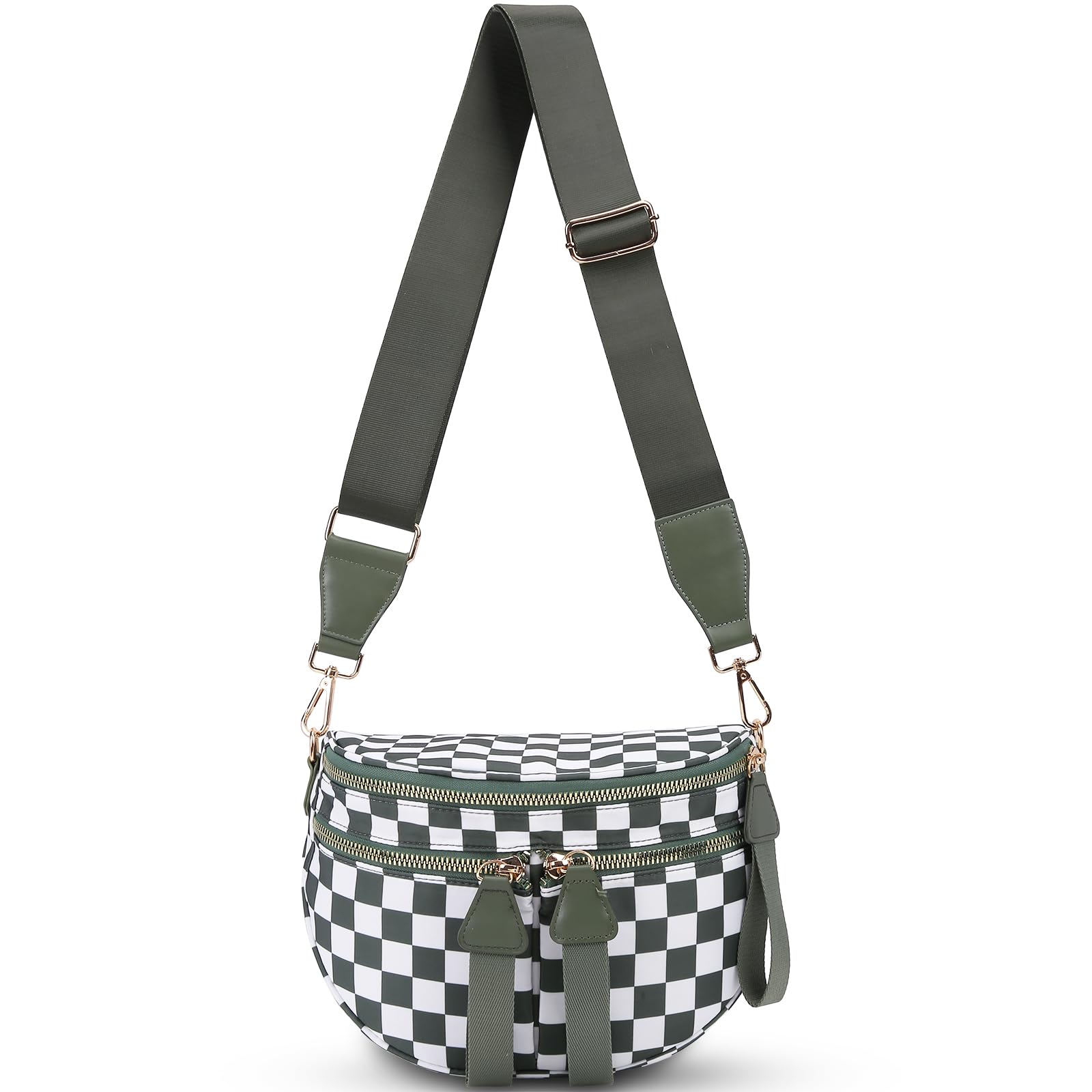 hibear Checkered Crossbody Bag Spacious Bum Bags for Women Nylon Crossbody Fanny Packs Checkered Purse Belt Wallet (W-bean green)