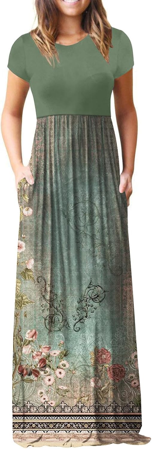 Womens Plus Size Empire Waist Dress Summer Flowy Long Maxi Dresses Casual Short Sleeve Sundress with Pockets