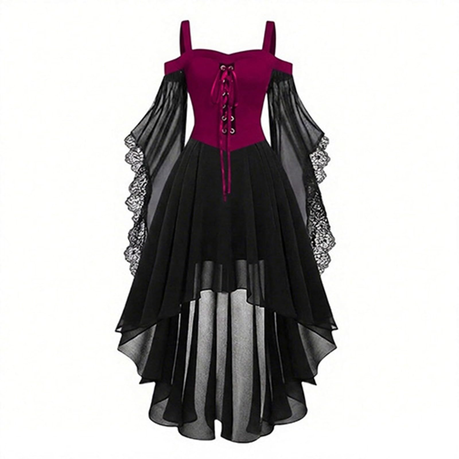 Halloween Costumes Adult Women Cold Shoulder Strap Gothic Dress A-Line Mesh Patchwork Medieval Costume Ladies Vintage Steampunk Lace Up Renaissance Irregular Hem Plus Size Gothic Witch Dresses