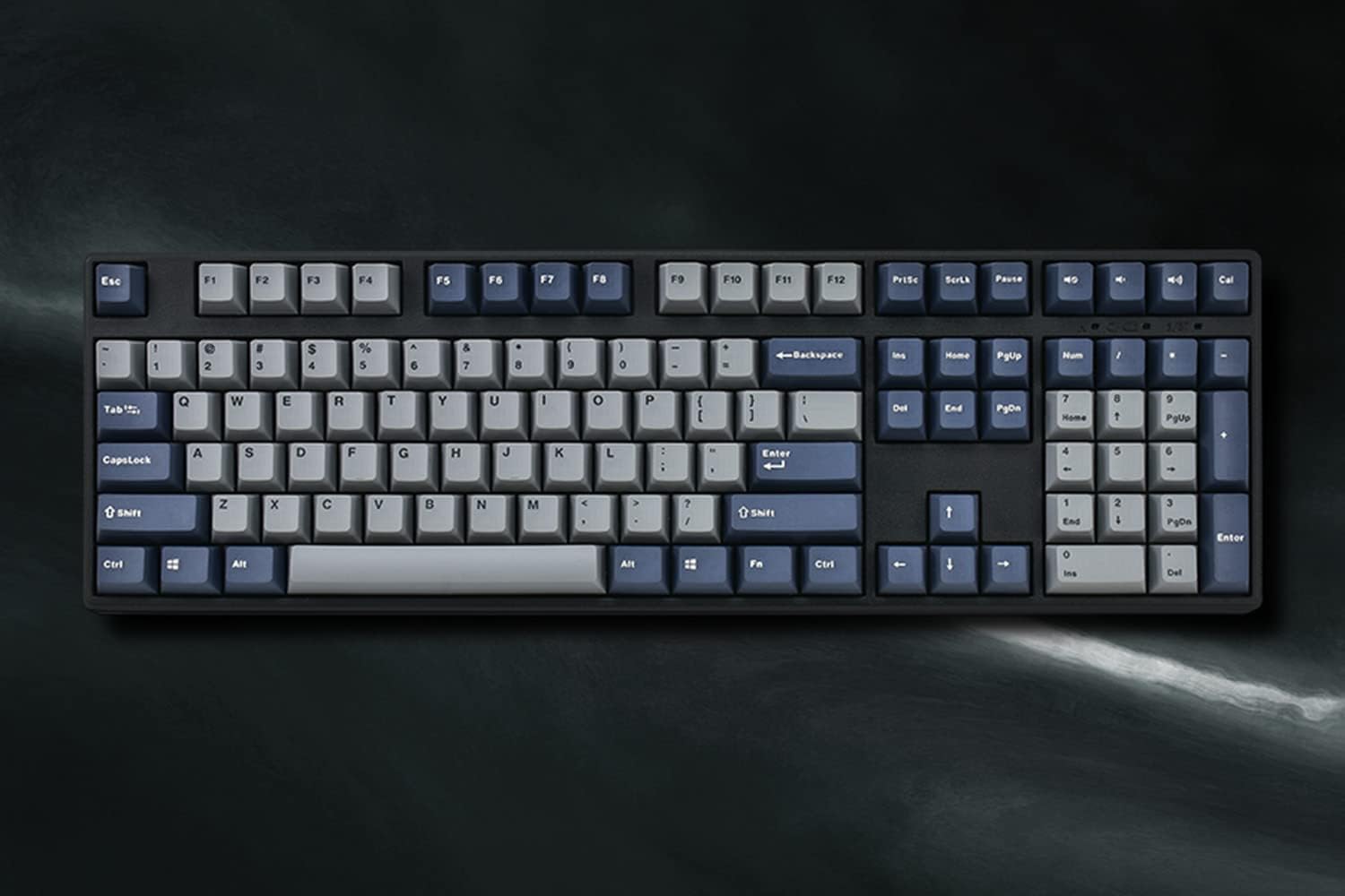 Close-up view of the Mistel X-VIII keyboard's PBT double-shot keycaps, showing their texture and clear legends.