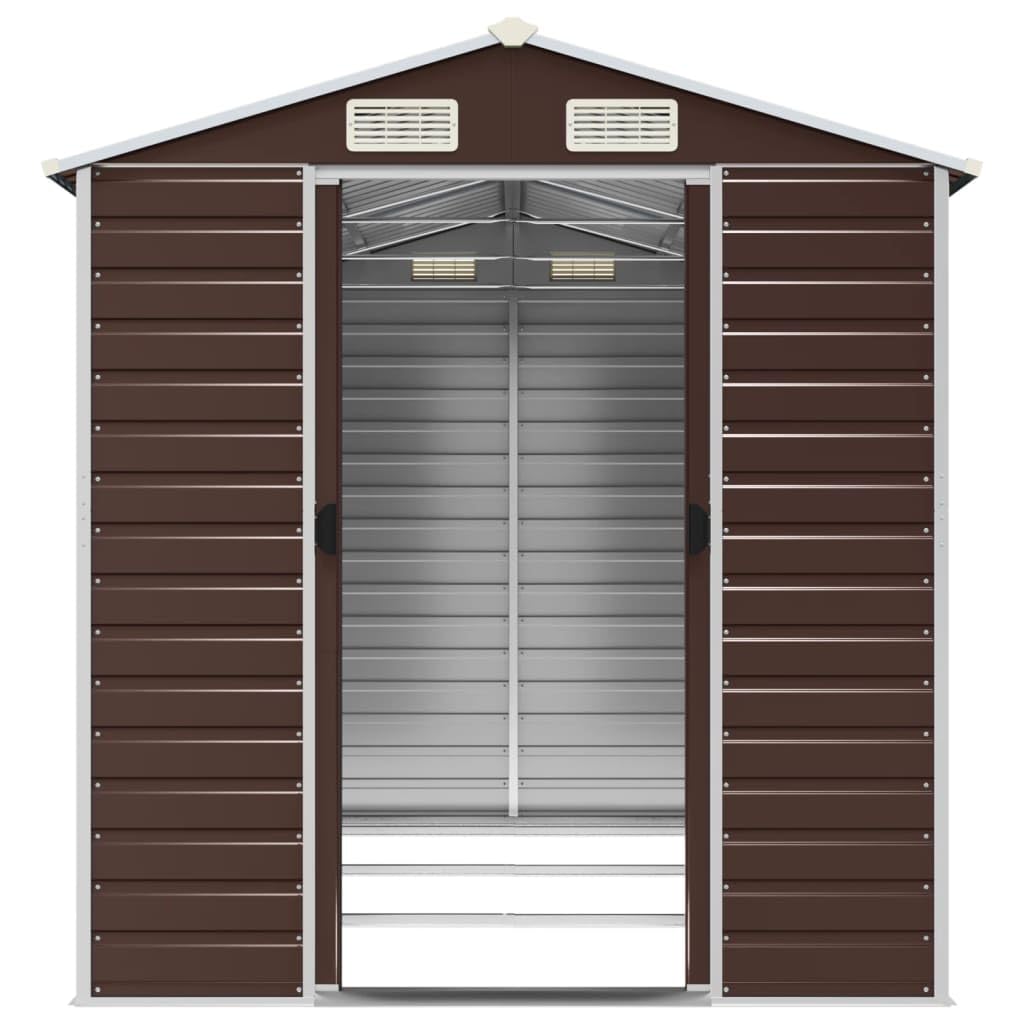 IKAYAA Cobertizo de Jardín Exterior 191 x 300 x 198 cm Caseta de Jardín Metálica con 2 Puertas Corredizas y 4 Ventanas para Almacenamiento de Herramientas Marrón