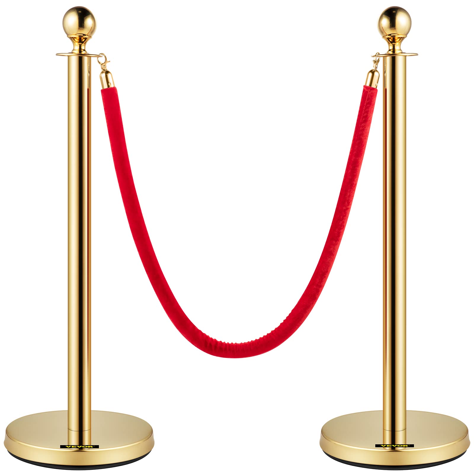 VEVOR Poteau de Guidage Doré 2PCs, Barrière de Balisage avec Corde Velours Rouge 1,5m pour Contrôle de Foules
