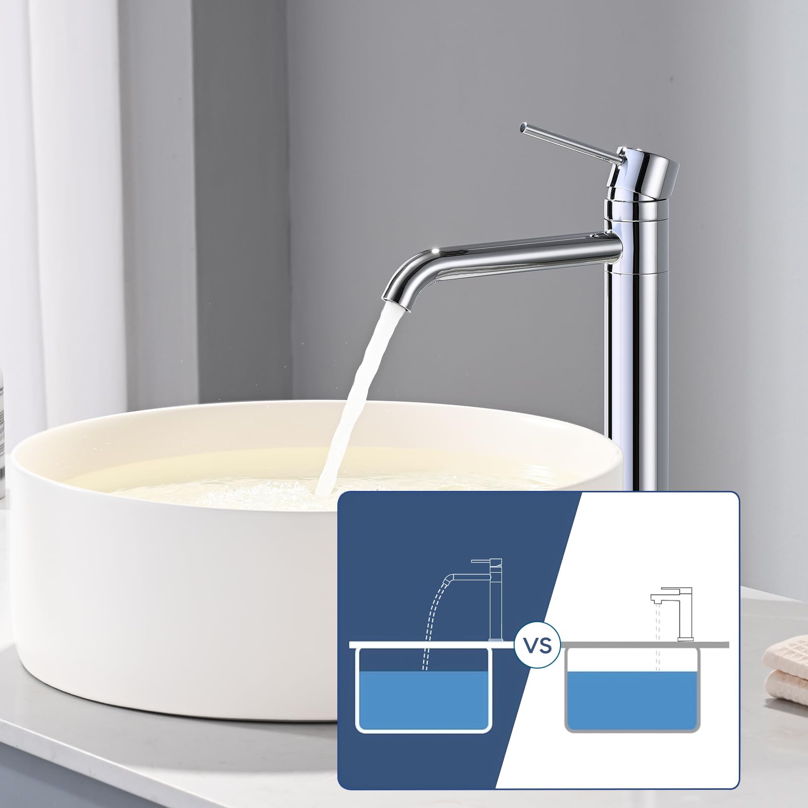 Mitigeur de Lavabo Haut Pivotant à 360°, BuntHaus Robinet pour Vasque à Poser, Robinet de Lavabo Salle de Bains, Chaud et Froid, Hauteur de Bec 204mm, Aérateur Amovible, Acier Inoxydable Chromé