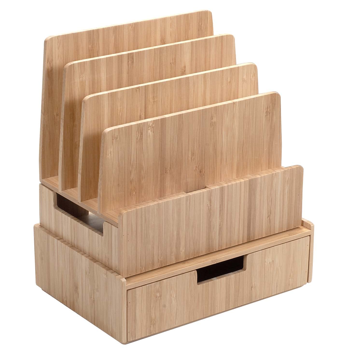 charging station stand combo with bamboo drawer for gadgets