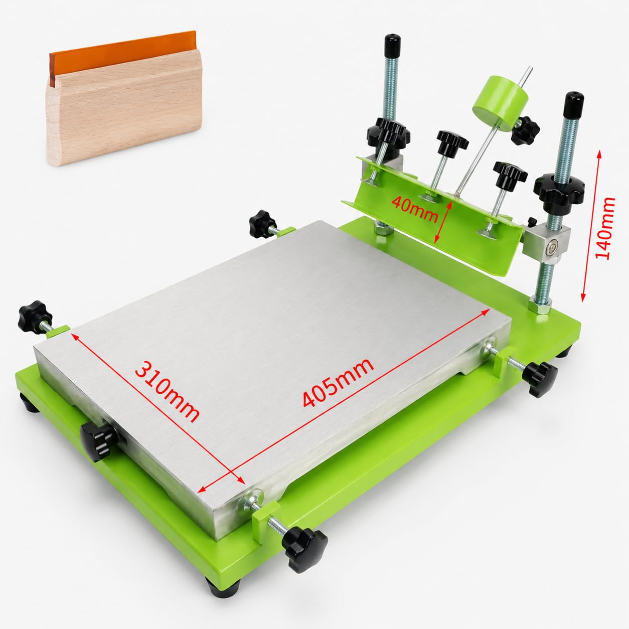 Ręczna prasa do sitodruku z płaskim blatem roboczym (405 x 310 mm) | zawiera raklę do drukowania na tekstyliach, drewnie, tworzywie sztucznym, papierze i powierzchniach metalowych