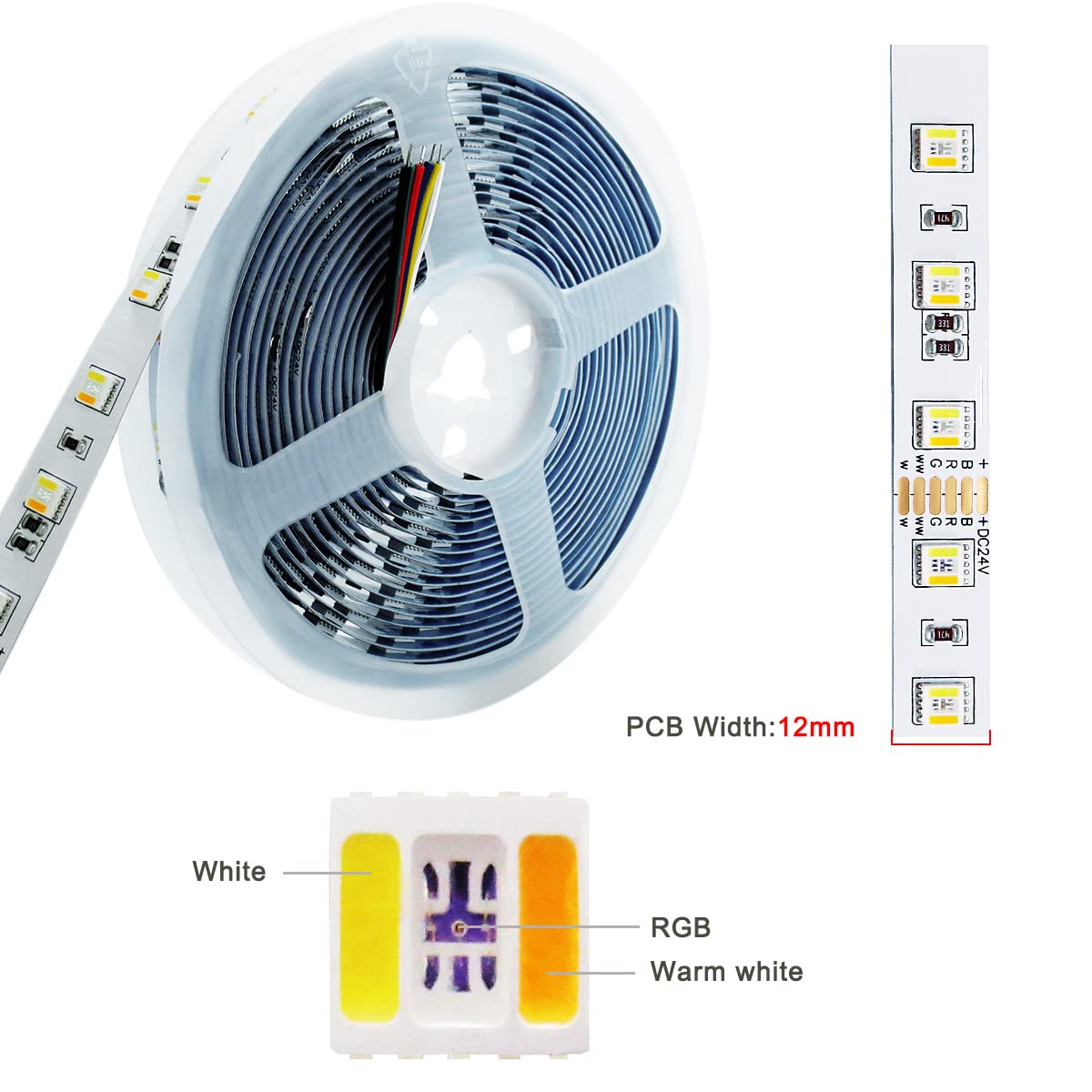 Taśma LED 5 w 1 24V RGB+CCT RGB + biała + ciepła biel (2800 K do 6500 K) RGBCW 5m mieszane kolory IP20 300 LEDs listwa świetlna pasek LED