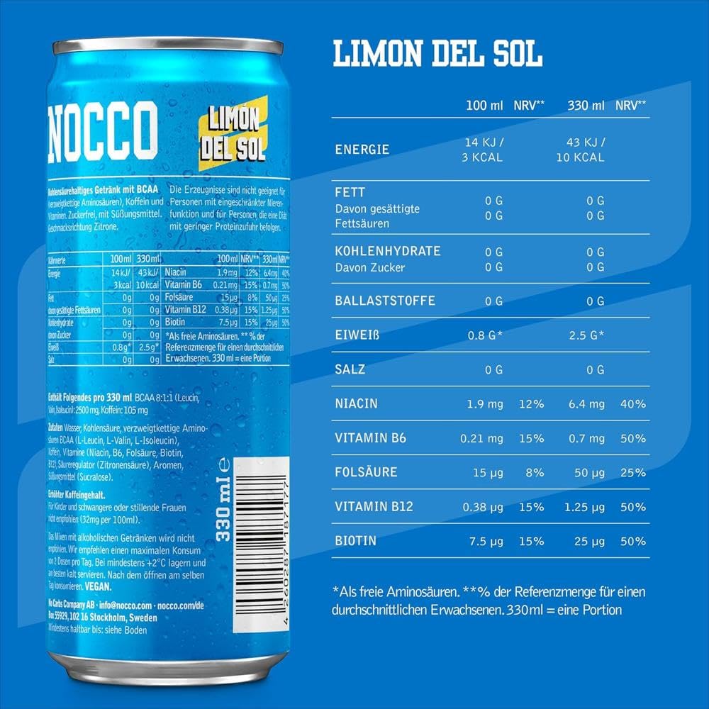 NOCCO BCAA energy drink 24er pack – zuckerfrei, vegan Energy Getränk mit Koffein, Vitaminen und Aminosäuren – Zitronengeschmack, 24 x 330ml inkl. Pfand (Limon Del Sol)