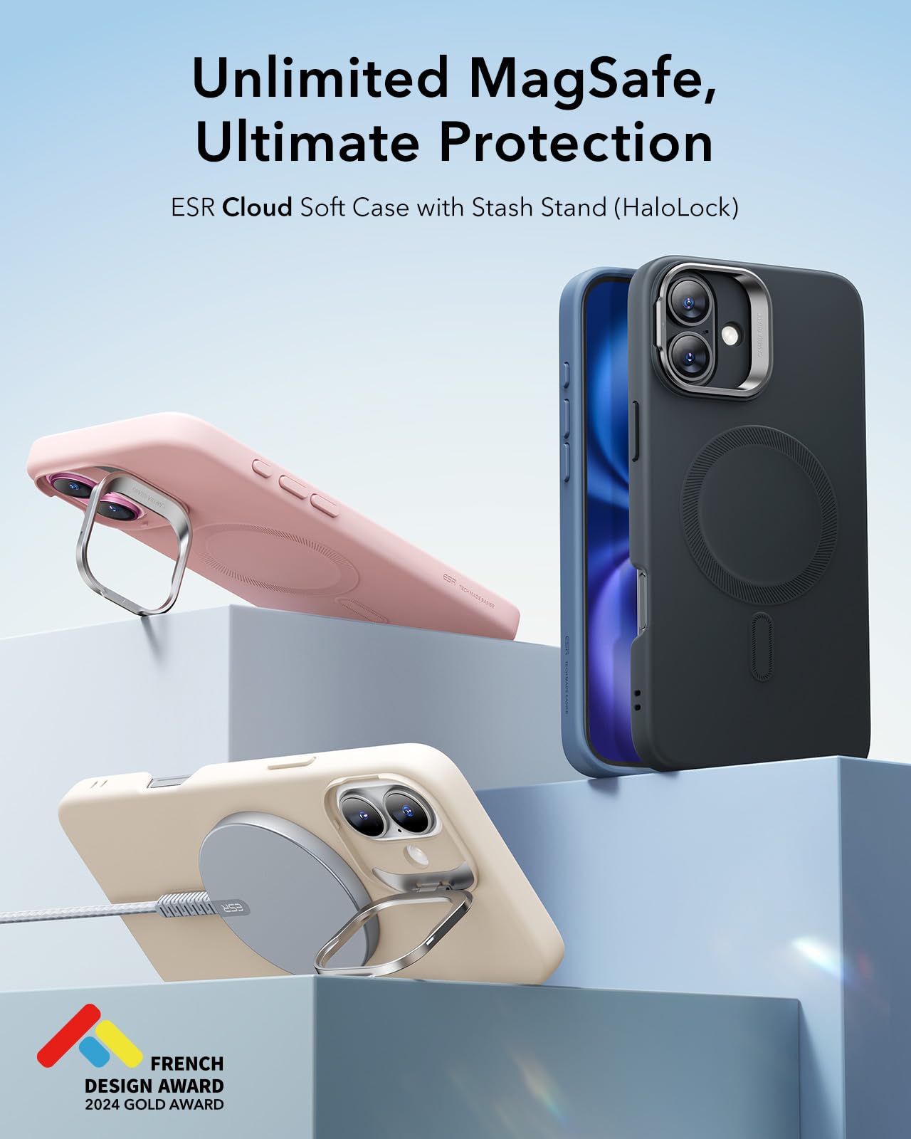 ESR Custodia in silicone con supporto per iPhone 16, Protezione di livello militare, Supporto per fotocamera integrato, Custodia magnetica, Serie Cloud, Marrone Chiaro