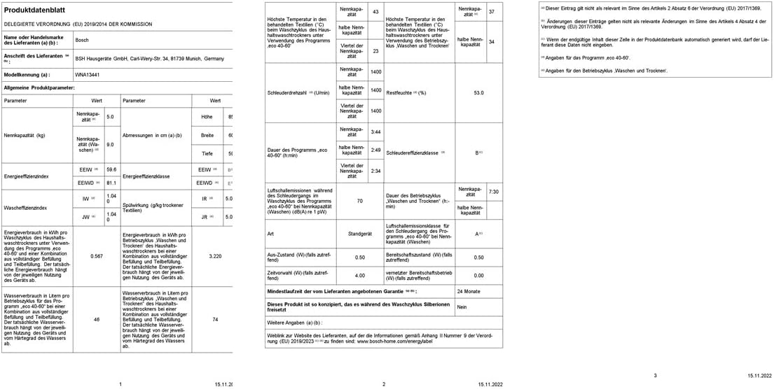 Product data sheet for Bosch WNA13441