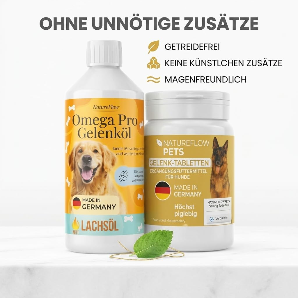 Natureflow Pets Gelenk-Bundle für Hunde – Omega Pro Gelenköl (500 ml) + Gelenk-Tabletten | Unterstützt Gelenke & Beweglichkeit | Mit Lachsöl, Glucosamin & MSM | Made in Germany