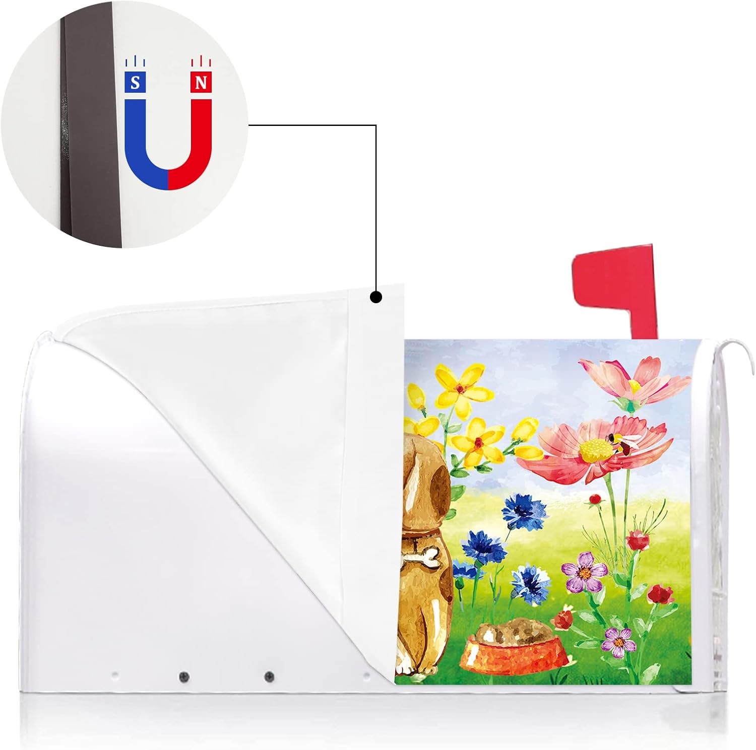 Texupday Cute Dog Puppy Floral Decoration Mailbox Cover with Magnetic Strip Spring Summer Mailbox Wraps Post Letter Box Cover Standard Size 21" X 18" for Garden Outdoor Yard Decor