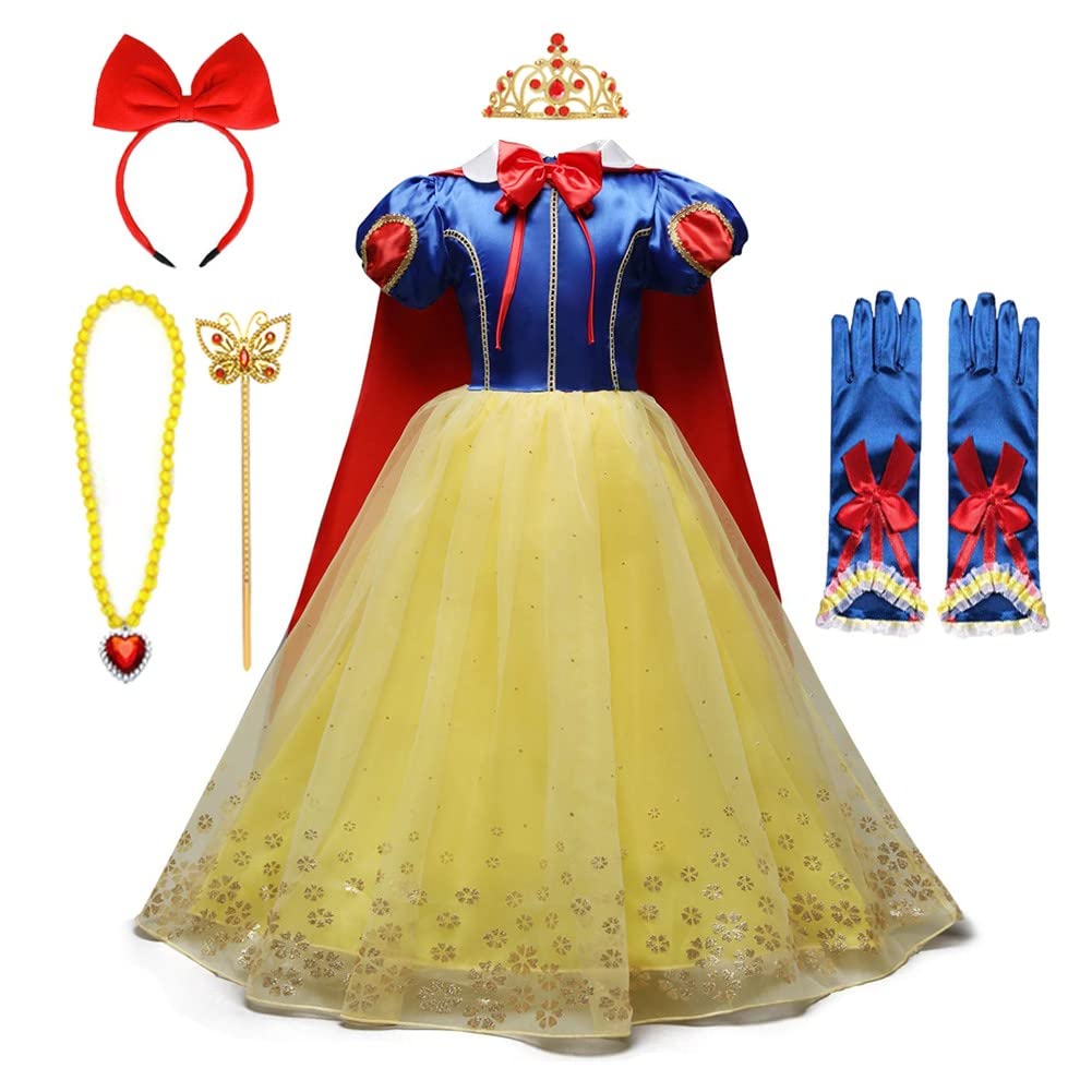 FMYFWY Królewna Śnieżka księżniczka sukienka dla dziewczynek kostium karnawałowy Halloween kostium cosplay Boże Narodzenie urodziny konkurs długa tiulowa sukienka z peleryną (akcesoria)