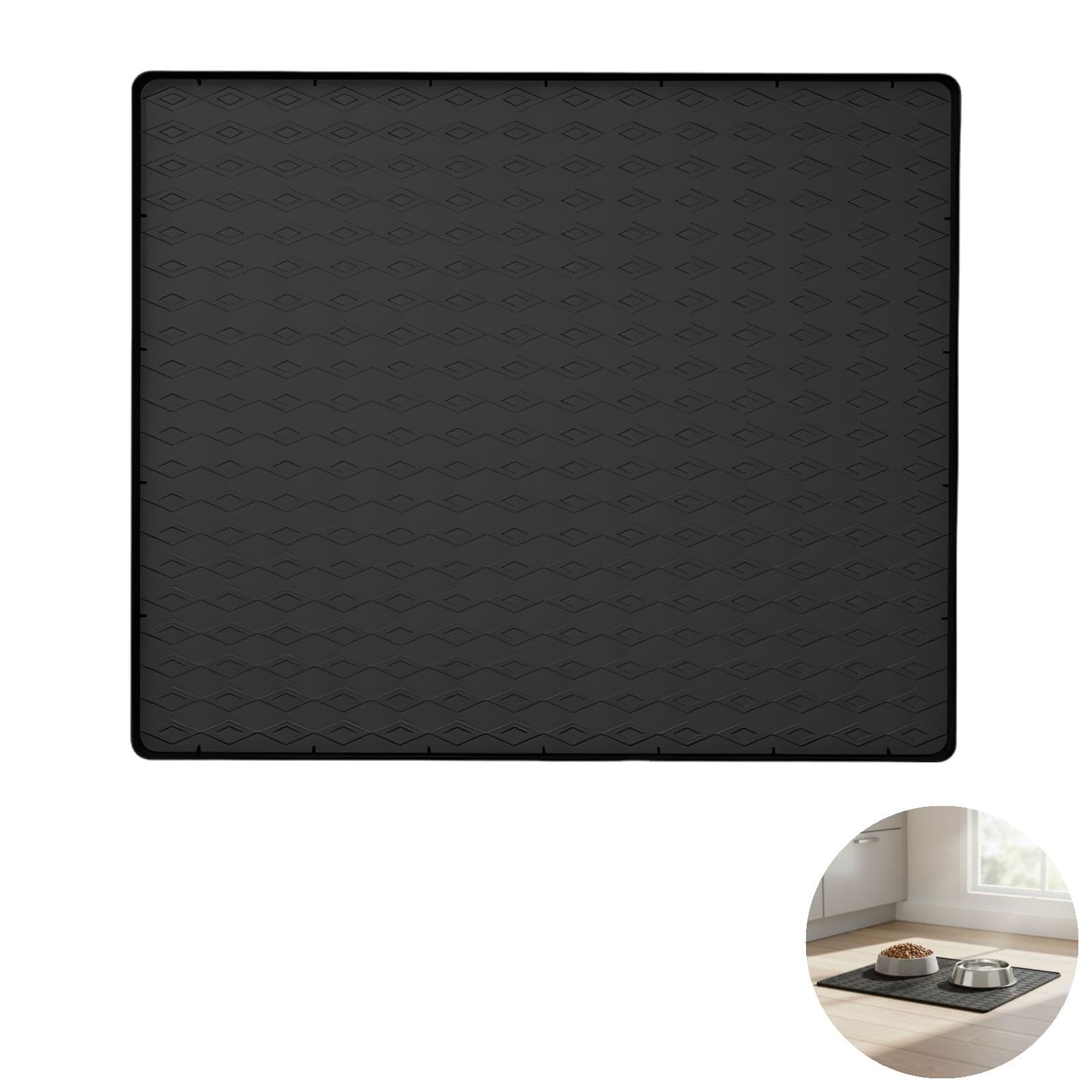 Schwarze Silikon-Futtermatte für Haustiere, 60 x 50 x 1,5 cm, Napfunterlage mit erhöhtem Rand, wasserdichte Futterunterlage gegen Verschütten, rutschfeste Matte für Futter- und Wassernäpfe