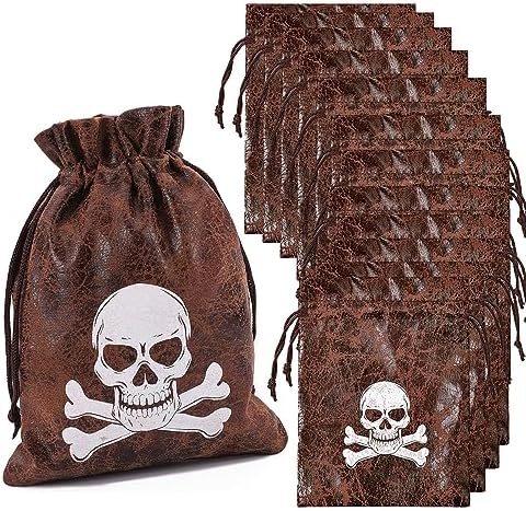 RICHNESS Pirate Loot Bags Goodie Bags with Drawstring 4.5 x 6.5 Inches Faux Cow Skin Pirate Treasure Bags for Pirate Party Favors Pack of 12