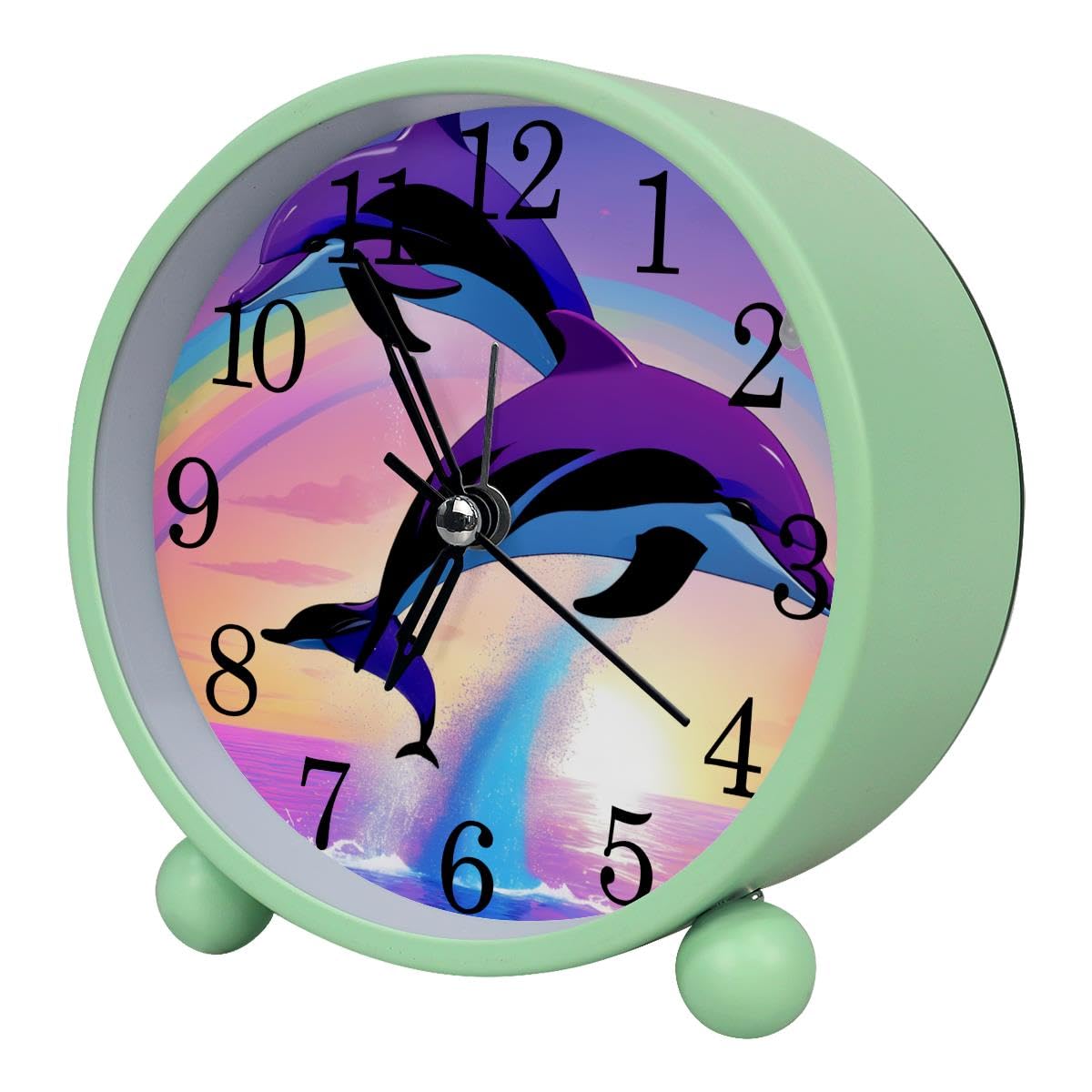 Luoweisi Alarm Clock Dolphins Rainbow, Silent Non-Ticking with Night Light, Round Metal Alarm Clock for Office, Battery Operated, Bedroom, Elderly, Adults, Children, Student Gifts