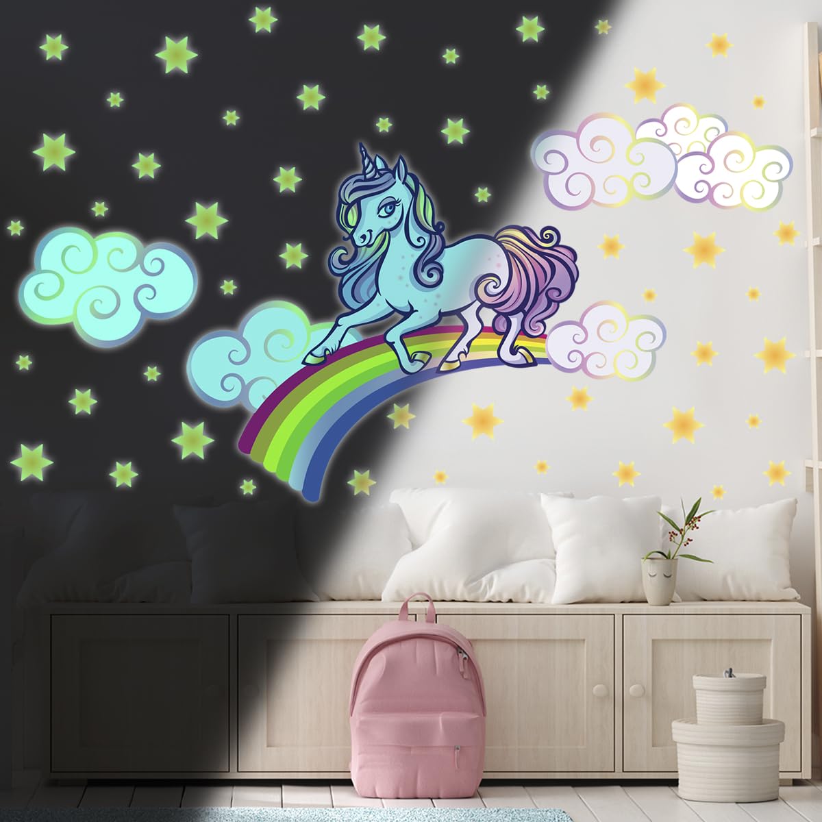 Ambiance Sticker Świecąca fosforyzująca naklejka ścienna ścienna dla dzieci fluorescencyjny jednorożec na tęczy - wys. 50 x dł. 65 cm