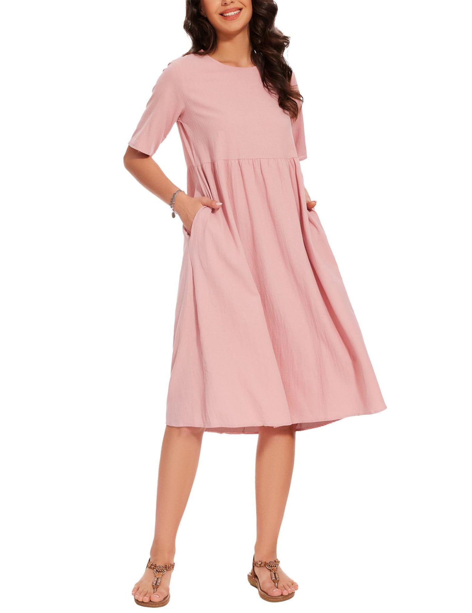 Maxi abito da donna in cotone e lino, girocollo, mezze maniche, taglie forti, casual, comodo, lungo abito con tasche