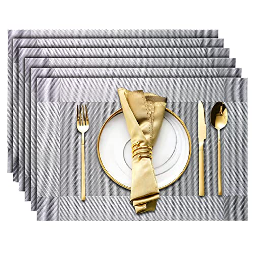Placemats Set Of 6, Table Placemats, Heat Resistant Woven Placemats,Washable Pvc Place Mats, Woven Vinyl Placemats, Non-Slip Stain Resistant Kitchen Table Placemats Easy To Clean (Silver) #TOP4