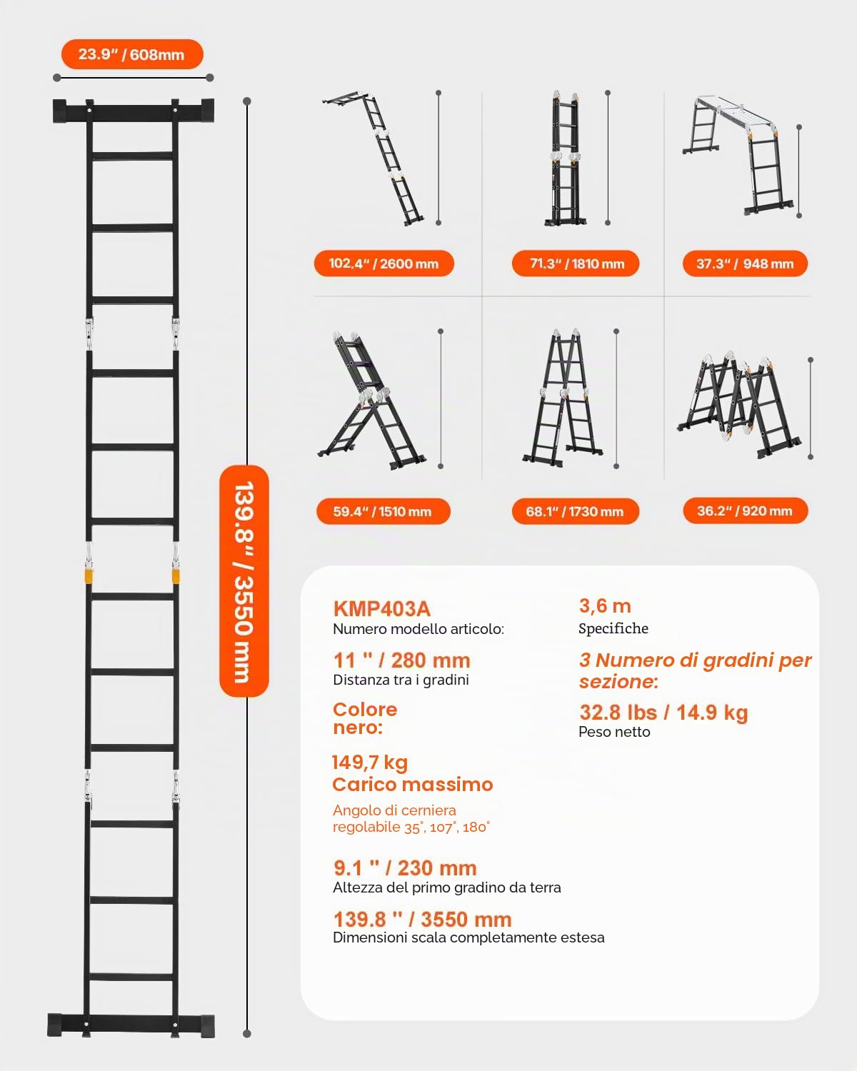 VEVOR Scala Pieghevole Multiuso, Scala a Pioli Estensibile Alta, Struttura a A con 3 Gradini e Scala Telescopica per Ponteggi, Altezza 3,7 m, Scala per Impieghi Gravosi, Capacità 149,7 kg per Casa