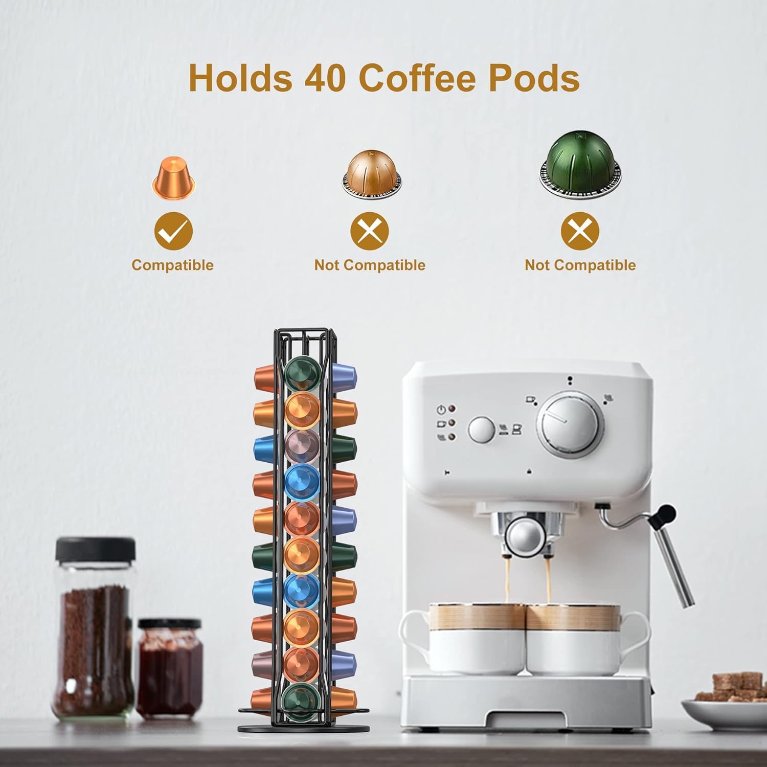 Porta Capsule Caffe per Nespresso, Porta Cialde Per Nespresso 40 Pezzi Caffè Capsule, Portacapsule Girevoli a 360 Gradi Acciaio Inossidabile, Ufficio, Cucina 11.5x11.5x39cm Nero