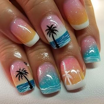 24Pcs Coconut Tree Press on Nails Short Square Fake Nails with Colorful Gradient Design White French Tip Silver Full Cover False Nails Wave Beach Glossy Acrylic Glue on Nails for Women Decor