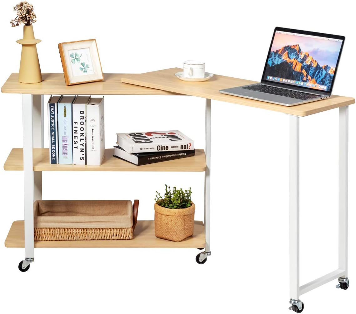 Tangkula 360° Free Rotating Sofa Side Table, Mobile Couch Desk Table with 2-Tier Storage Shelves, Movable Laptop Table with Sturdy Metal Frame, Couch Side Table Snack Table for Home Office (Natural)
