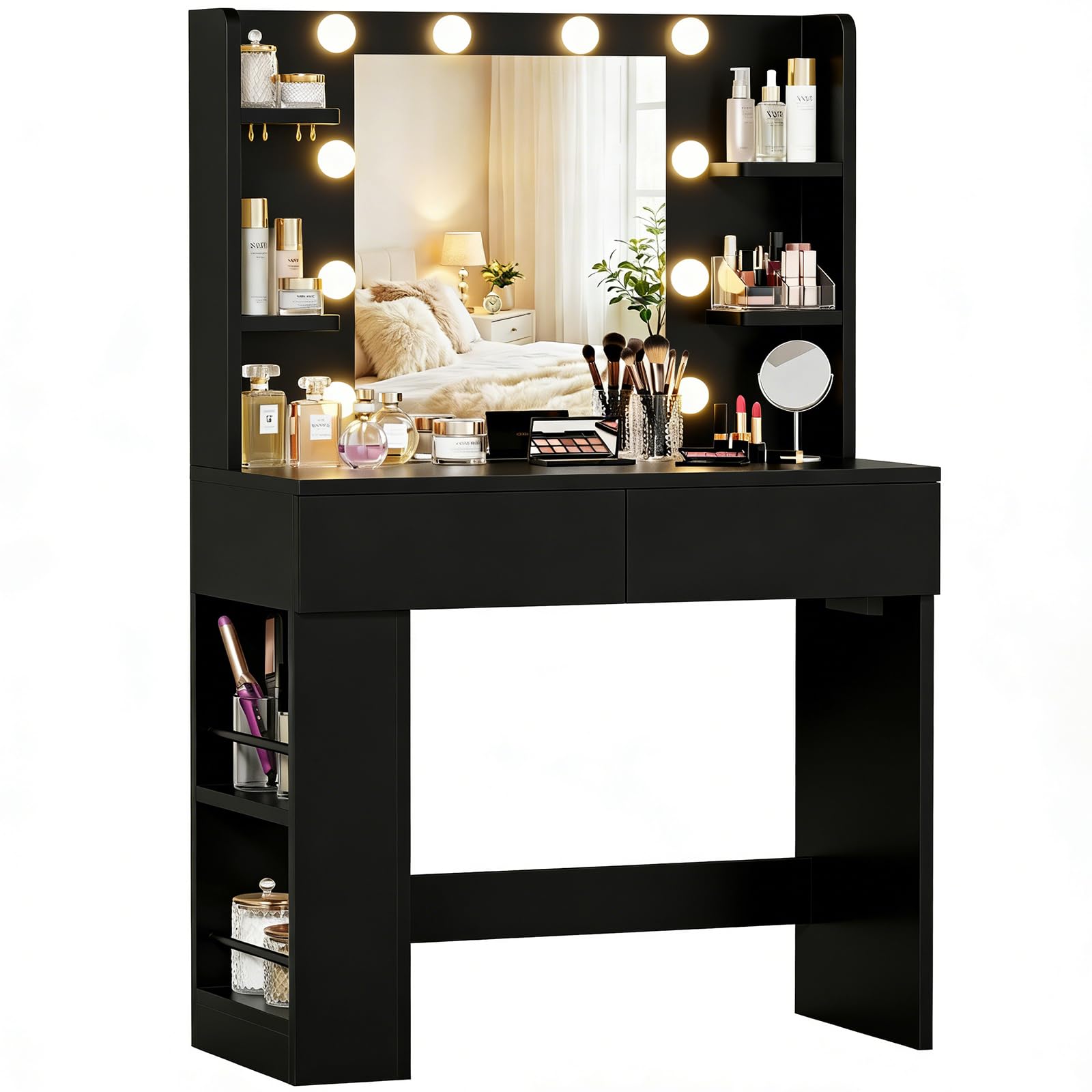 Devoko Dressing Table with Bulb Lights,Adjustable Brightness,Vanity Desk with Mirror,Makeup Desk with 2 Drawers,Power Outlet and Side Open Storage for Bedroom Furniture (Black)