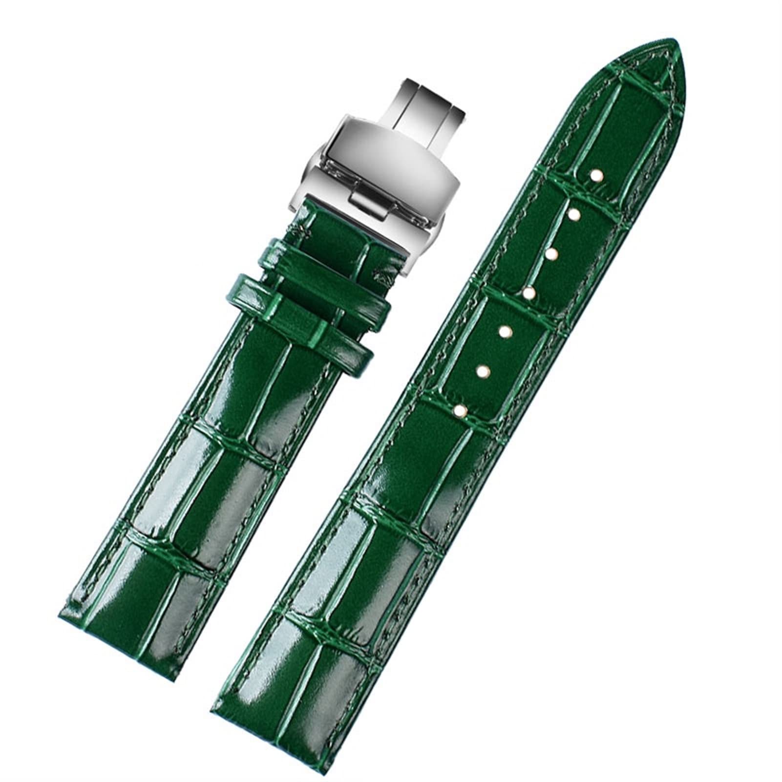 18 mm 20 mm 22 mm bracelet en cuir de vache souple motif bambou boucle papillon bracelet en cuir d'autruche vert (couleur : B argent pliant, taille : 16 mm)