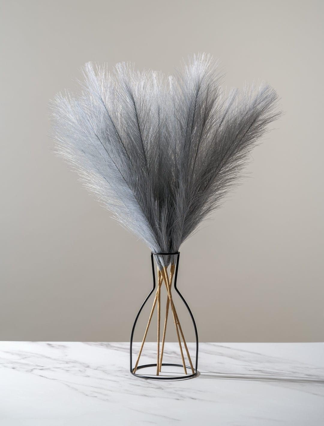 CURATED CART 3 Pcs Faux Pampas Grass - 17 inch Artificial Fluffy Flowers for Home Decoration - Wedding & Office Decor | Dried Plants - Leaves & Grass Arrangement (Without Vase) - Grey-image-49