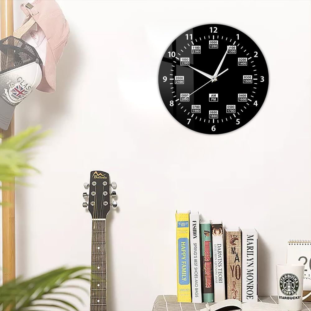 Reloj de pared de 12 pulgadas, 24 horas, estilo militar, retro, silencioso, de cuarzo, sin tictac, funciona con pilas, reloj de pared negro para piloto, marido, papá, jubilación, regalos de