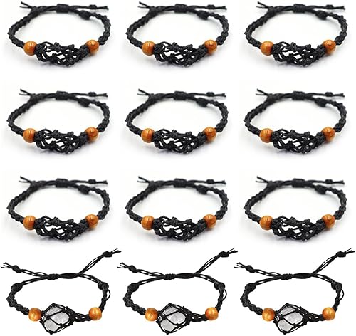 12 pulseras de cristal para pulseras vacías con jaula de piedra vacía, ajustable, trenzada, soporte de red de cristal de cuarzo, cuerdas de jaula de