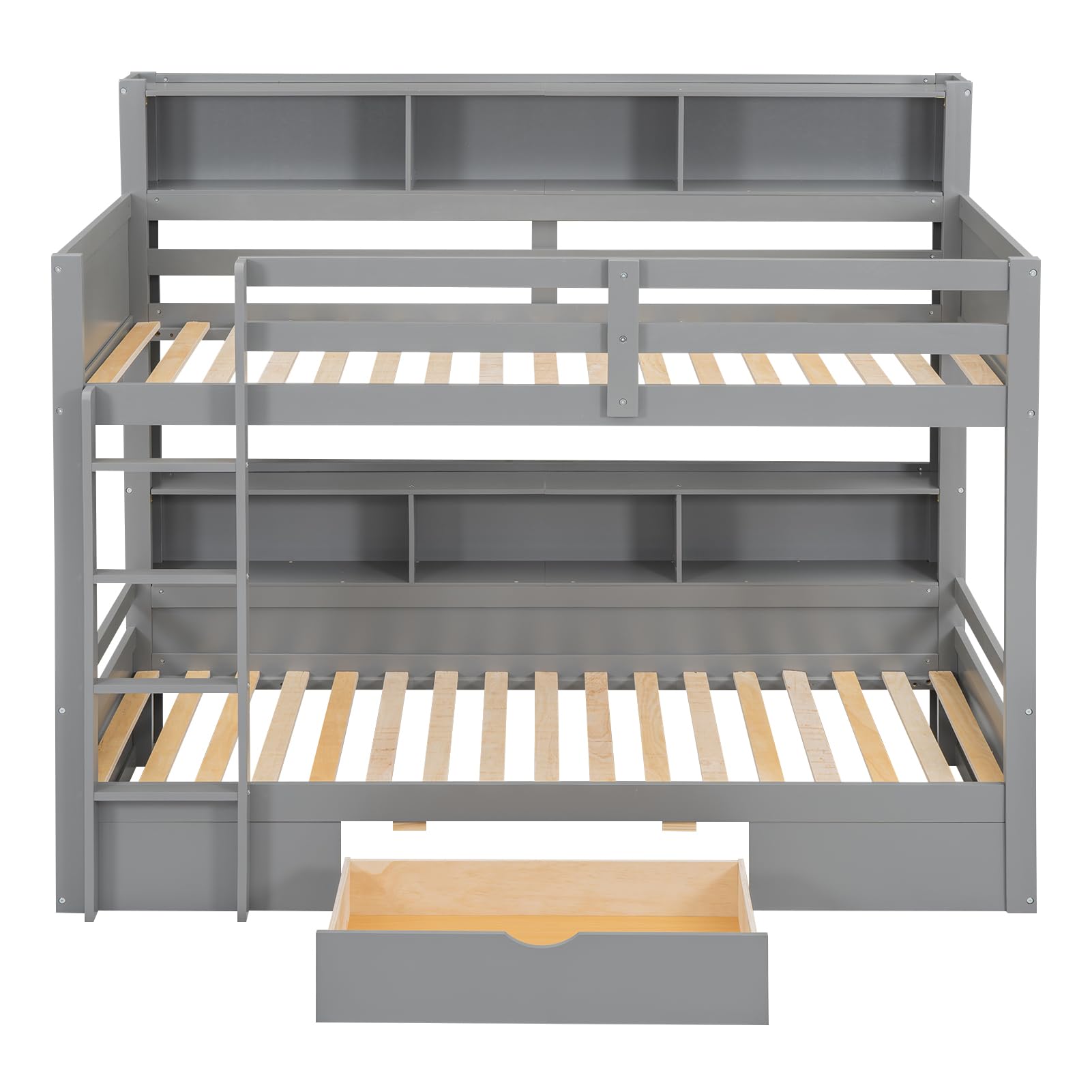 Estructura de cama nido de 90×200 cm Idemon EN747-1 (Gris, MDF de madera maciza, 2 cajones + compartimentos de almacenamiento), Cama nido minimalista para niños y huéspedes con compartimento lateral