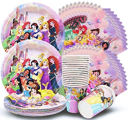 Louça para festa de princesa, Doyomtoy 60 peças festa temática princesa decorações de aniversário pratos chávenas guardanapos de material de festa