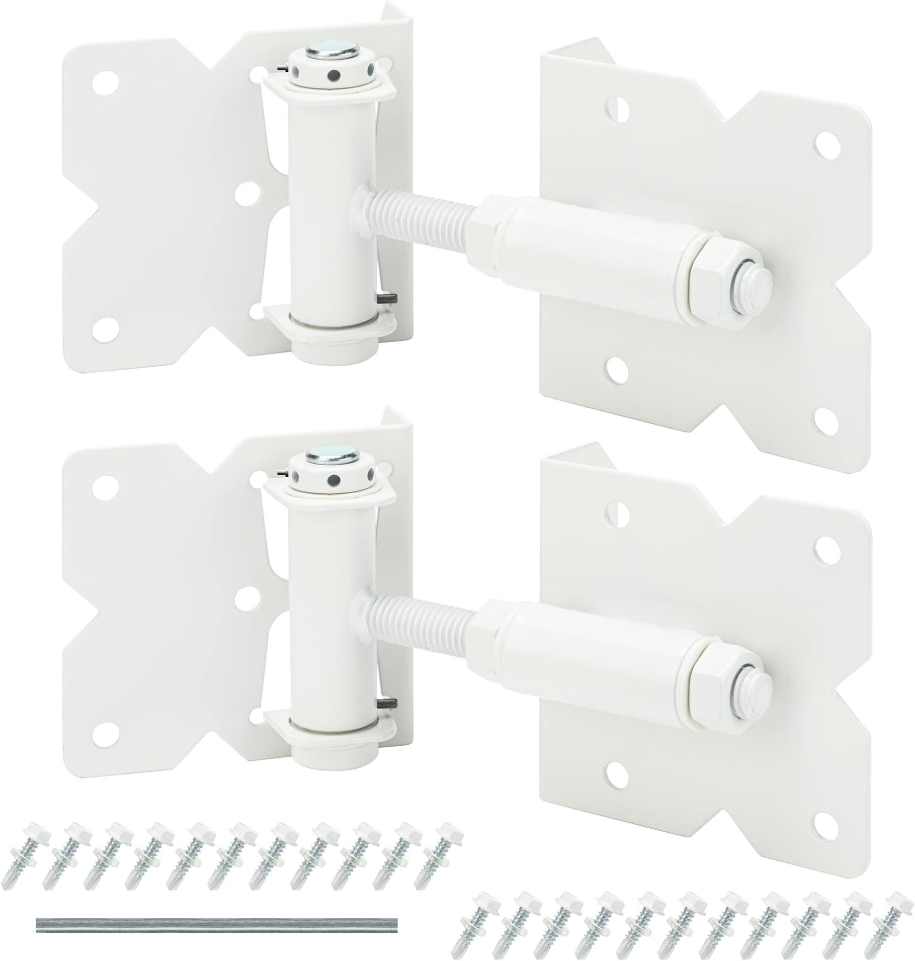 SANKINS Self Closing Gate Hinges Heavy Duty Hardware Hinges for Wooden/Vinyl/PVC Fences, 90 Degree Adjustable Gate Hinge with Installation Screws and Swing Adjuster Tool, 2 Pack/Set, White