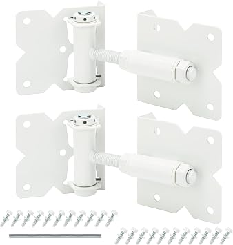 Self Closing Gate Hinges Heavy Duty Hardware Hinges for Wooden/Vinyl/PVC Fences, 90 Degree Adjustable Gate Hinge with Installation Screws and Swing Adjuster Tool, 2 Pack/Set, White