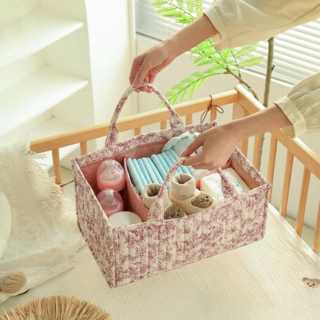 Quilted Fabric Storage Basket Floral Baby Diaper Caddy Quilted Basket for Nursery Bedroom Car Storage (L- Beige+Pink)